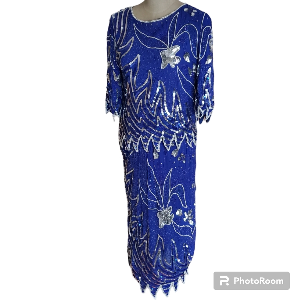 Womens Vintage blue silver sequin dress small
